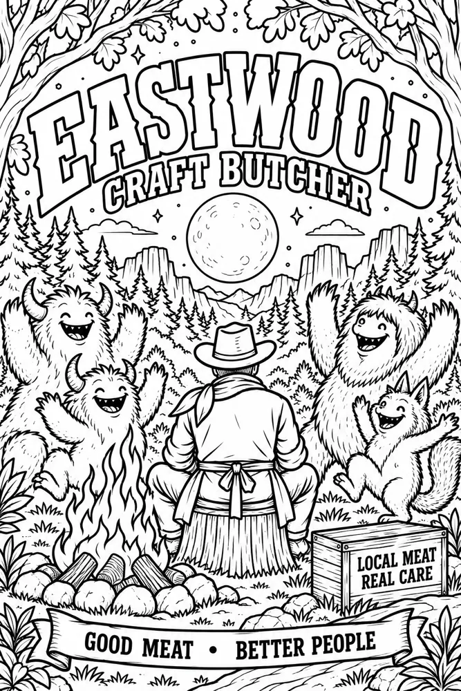 Coloring page: a cowboy at a campfire with friendly forest monsters