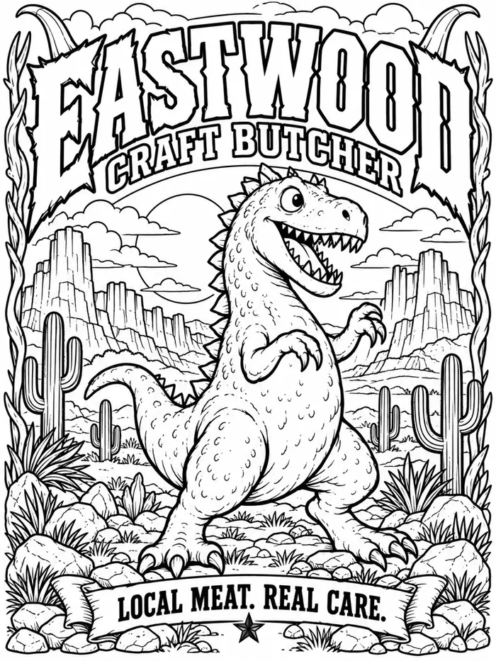 Coloring page: a cartoon dinosaur in a desert with cacti and mesas