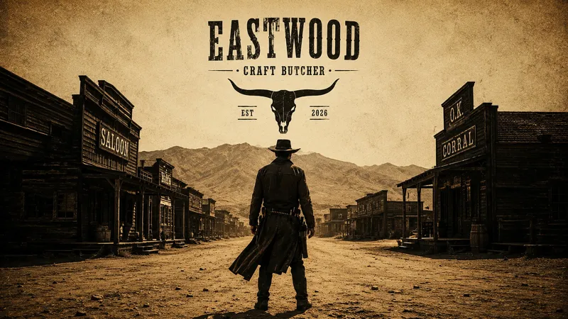 Desktop wallpaper: a gunslinger on a dusty western street under the Eastwood Craft Butcher logo