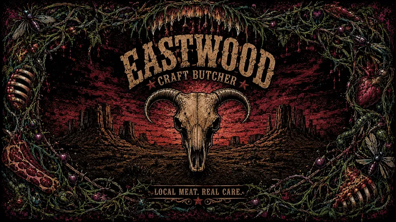 Desktop wallpaper: a longhorn skull over a red desert with an ornate border and the Eastwood Craft Butcher logo
