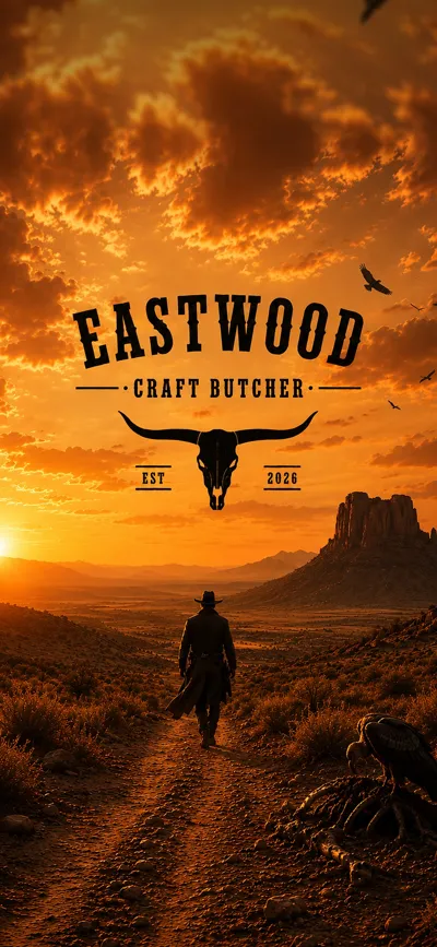 Phone wallpaper: a cowboy walking a desert trail at sunset beneath the Eastwood Craft Butcher logo