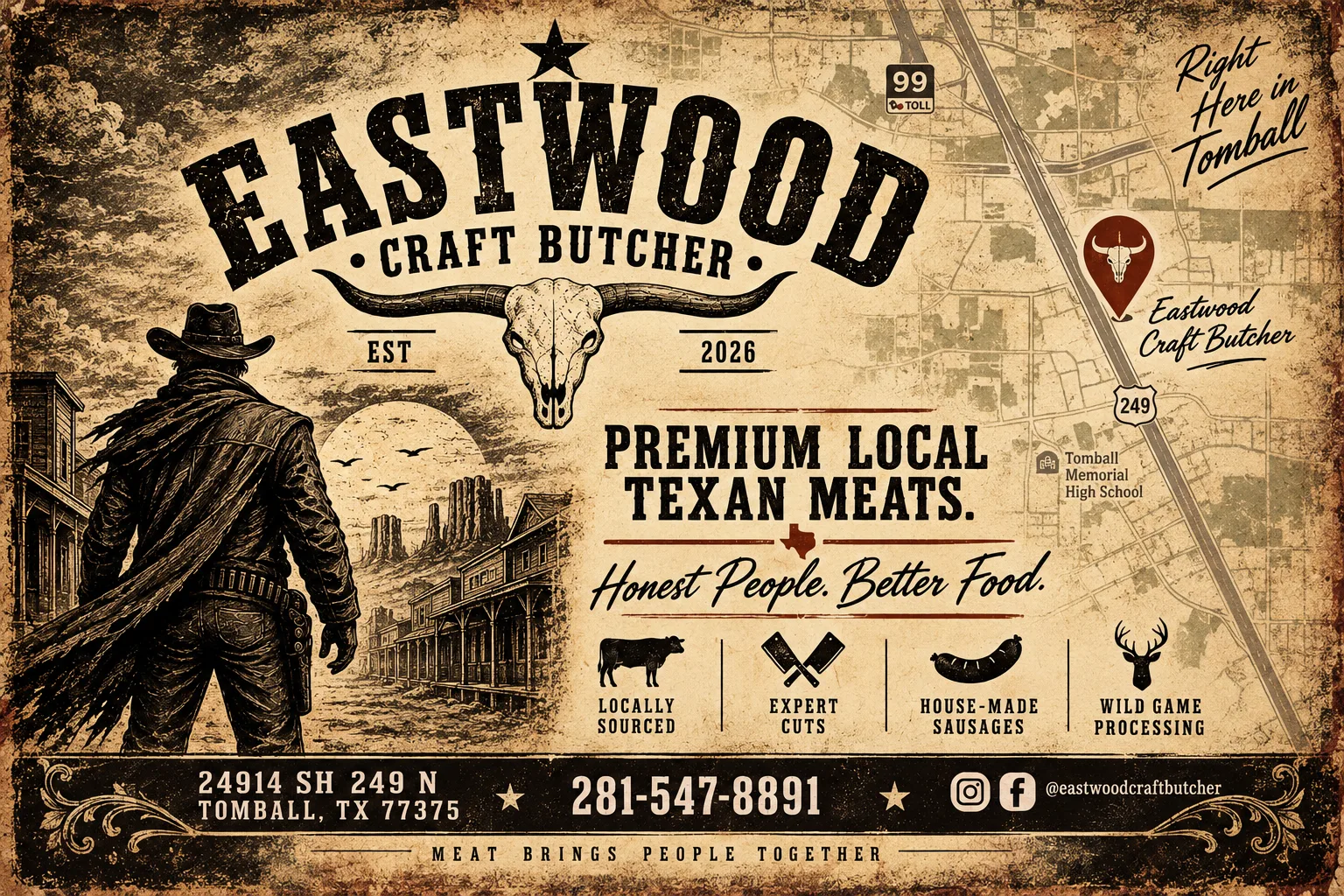 Eastwood Craft Butcher, Right Here in Tomball: map showing the shop on SH 249 near the 99 Toll and Tomball Memorial High School. Premium local Texan meats, locally sourced, expert cuts, house-made sausages and wild game processing. 24914 SH 249 N, Tomball, TX 77375, 281-547-8891.